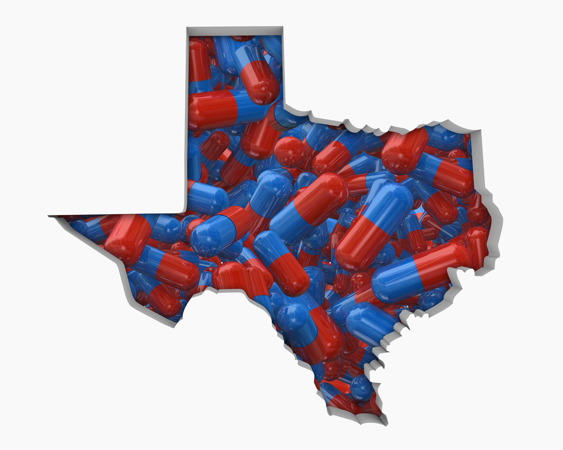 Texas TX Pills Drugs Health Care Insurance Map 3d Illustration